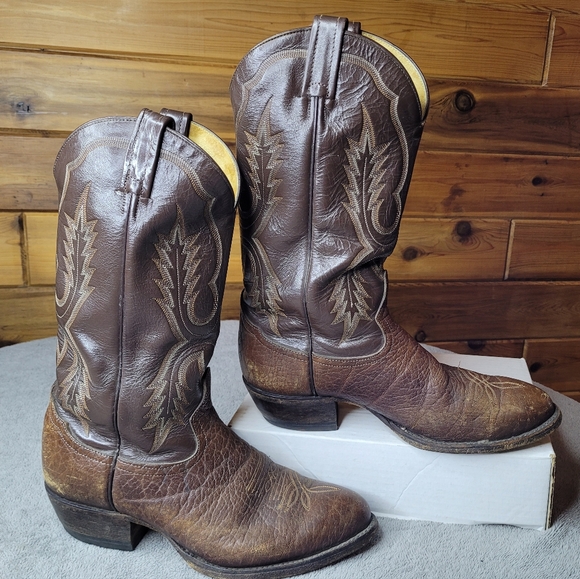 Tony Lama Brown Leather Cowboy Boots Mens 8 D Style 6650 Embroidered Vibram - Picture 1 of 9